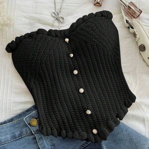Black Knit Corset Top with Pearl Buttons